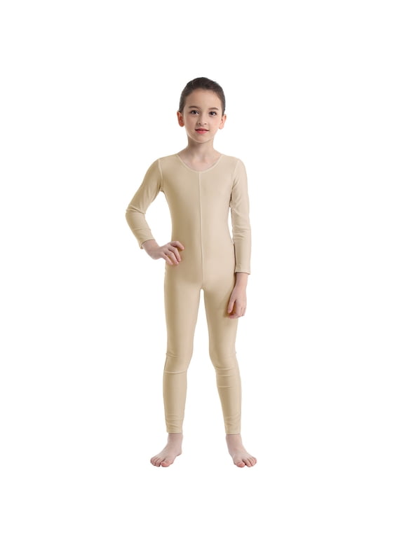 Kids Girls Long Sleeves Full Length Bodysuit Gymnastic Dance Jumpsuit Unitard Nude S