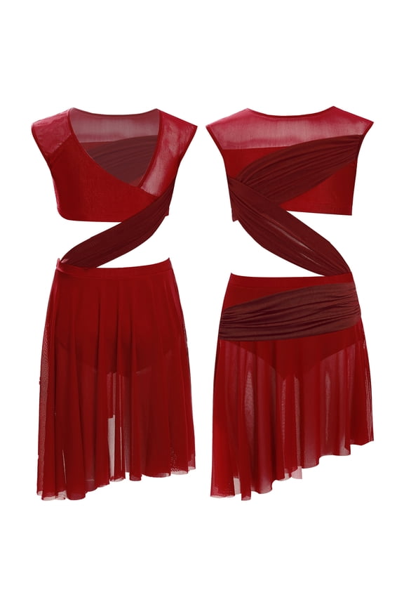 Kids Girls Lyrical Ballet Dance Dress Gymnastic Leotard Skirt Figure Skating Dress Ballerina Dancewear Burgundy 16