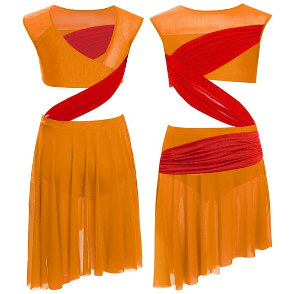 TiaoBug Kids Girls Lyrical Ballet Dance Dress Gymnastic Leotard Skirt Figure Skating Dress Ballerina Dancewear Orange 16
