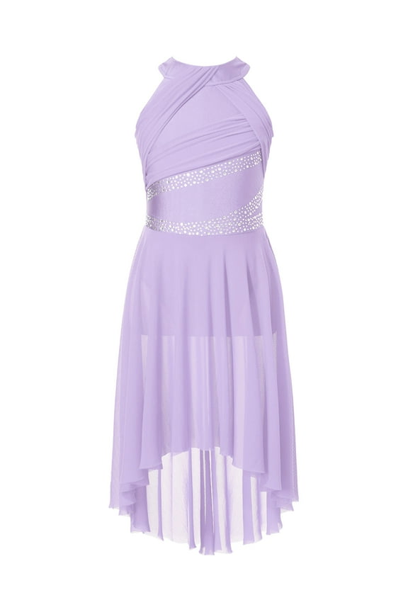 Kids Girls Lyrical Dance Costume Rhinestone Sleeveless Ballet Leotard Figure Skating Dress Lavender 12