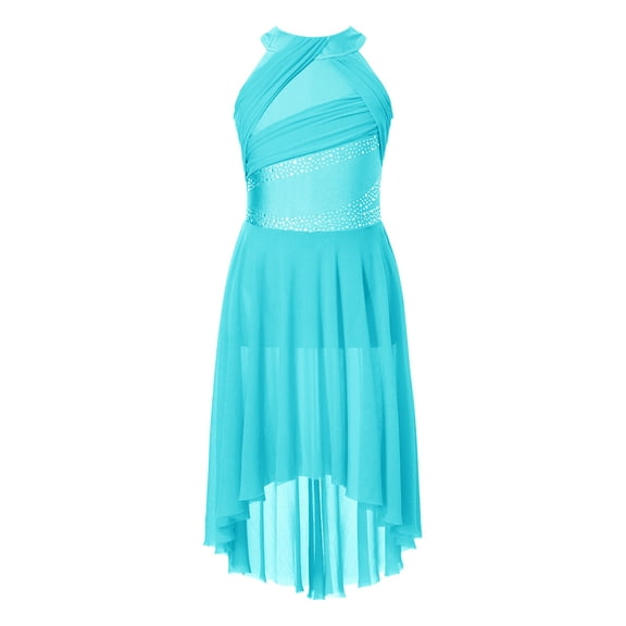TiaoBug Kids Girls Lyrical Dance Costume Rhinestone Sleeveless Ballet Leotard Figure Skating Dress Light blue 14