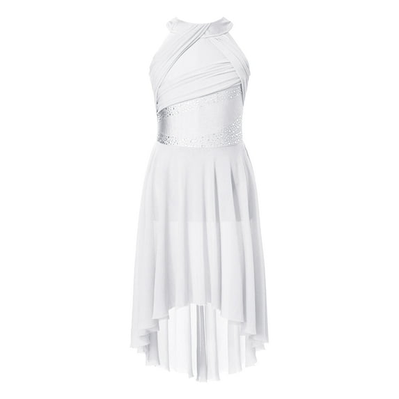 TiaoBug Kids Girls Lyrical Dance Costume Rhinestone Sleeveless Ballet Leotard Figure Skating Dress White 6