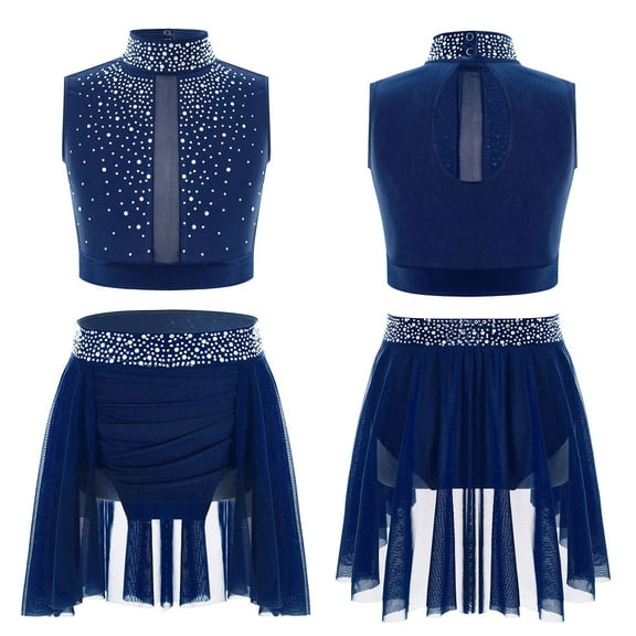 TiaoBug Kids Girls Lyrical Dance Dress Ballroom Contemporary Dance Outfit Sleeveless Shiny Crop Top with Skirt Navy Blue 14