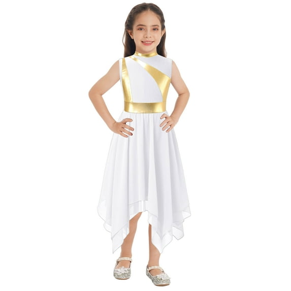 TiaoBug Kids Girls Lyrical Dance Dress Color Block Asymmetrical Praise Worship Liturgical Costume Performance Dancewear White 14