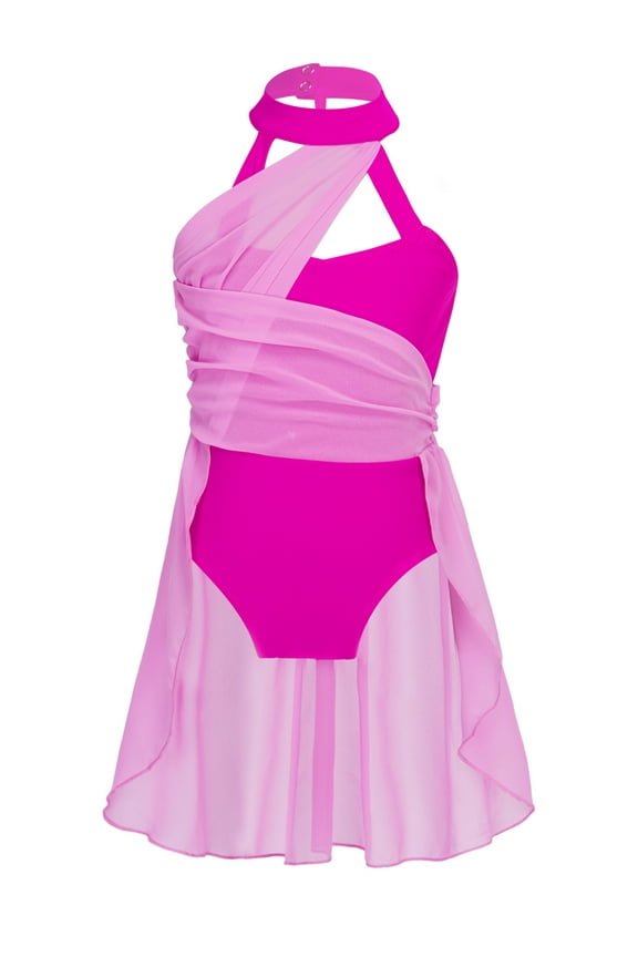 Kids Girls Lyrical Dance Dress Gymnastics Skirted Leotard Ballerina Modern Dance Costume Rose 10