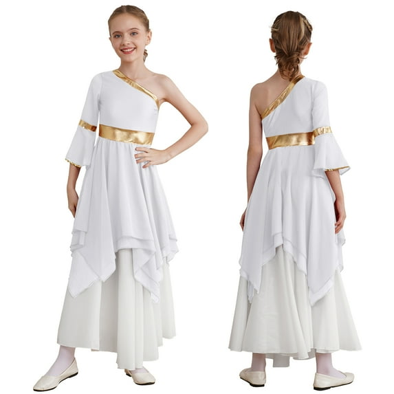 TiaoBug Kids Girls Lyrical Dancewear One Shoulder Liturgical Praise Dance Dress Color Block Worship Costume White 12