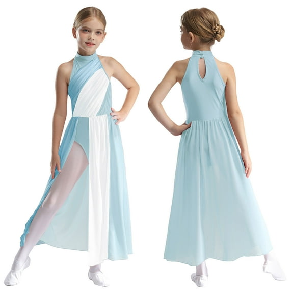 TiaoBug Kids Girls Lyrical Dress Halter Sleeveless Chiffon Overlay Skirt Skating Dance Leotard Light Blue 10
