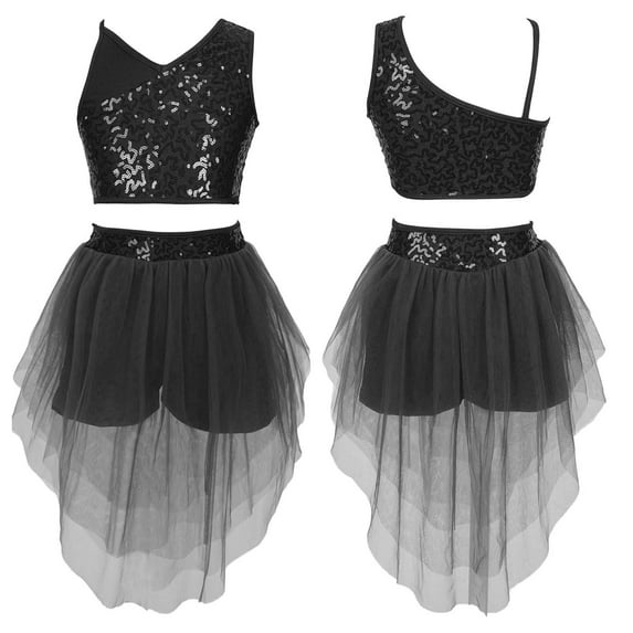 TiaoBug Kids Girls Lyrical Modern Dance Costume One Shoulder Sequins Crop Top with Mesh Skirt Set
