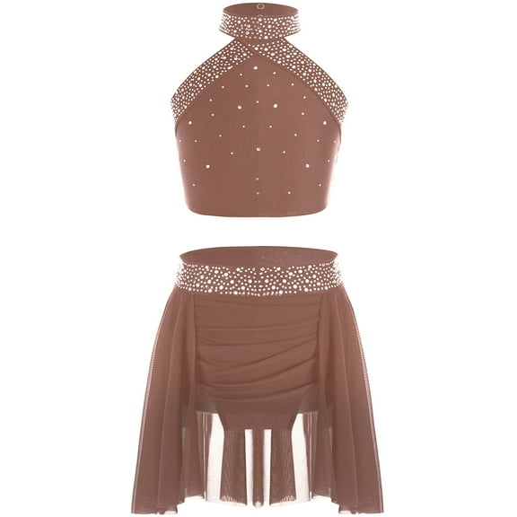 TiaoBug Kids Girls Lyrical Modren Dance Dress Figure Ice Skating Costumes Sleeveless Vest Top and Skirt Dusty Pink 8