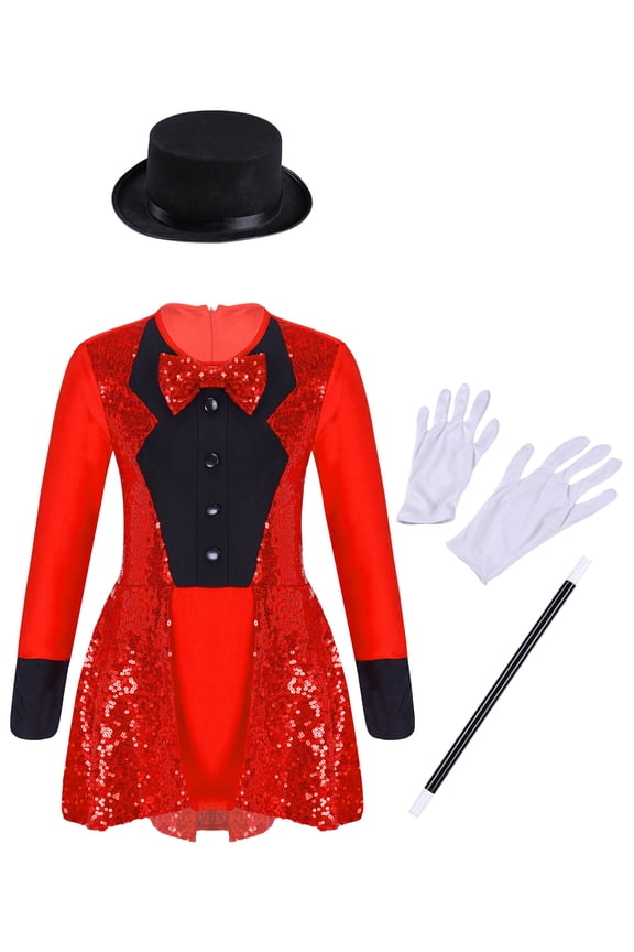 Kids Girls Magician Costume Long Sleeve Sequins Leotards Halloween Fancy Dress Up Outfits Red 10