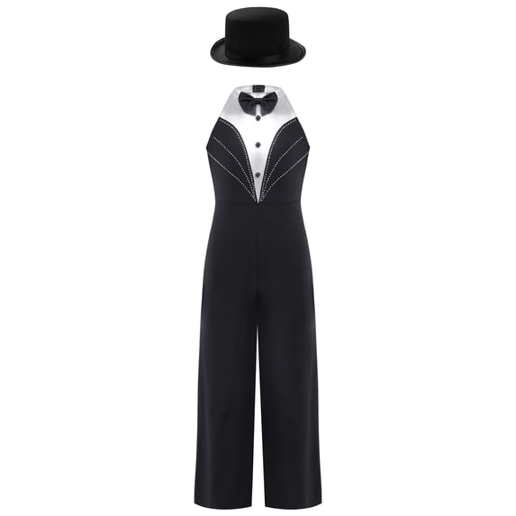 TiaoBug Kids Girls Magician Outfit Sleeveless Bowtie Tuxedo Leotard Jazz Dance Jumpsuit with Hat Black 8