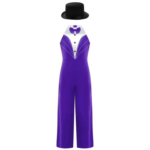 TiaoBug Kids Girls Magician Outfit Sleeveless Bowtie Tuxedo Leotard Jazz Dance Jumpsuit with Hat Purple 16