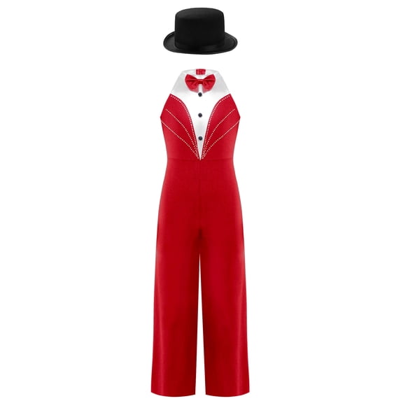 TiaoBug Kids Girls Magician Outfit Sleeveless Bowtie Tuxedo Leotard Jazz Dance Jumpsuit with Hat Red 14