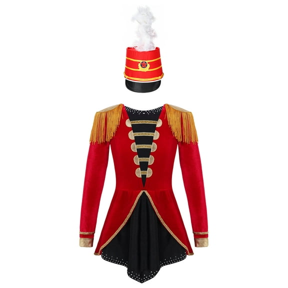 TiaoBug Kids Girls Marching Band Uniform Carnival Cosplay Long Sleeve Tassel Leotard Dress with Feather Hat Halloween Fancy Dress Red 10