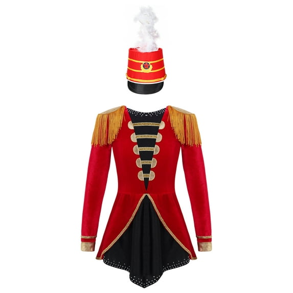 TiaoBug Kids Girls Marching Band Uniform Carnival Cosplay Long Sleeve Tassel Leotard Dress with Feather Hat Halloween Fancy Dress Red 12