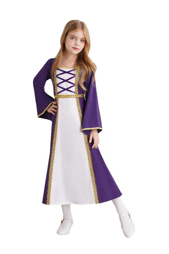 Kids Girls Medieval Princess Dress Long Bell Sleeves Renaissance Vintage Costume Ball Gown Dark Purple 16
