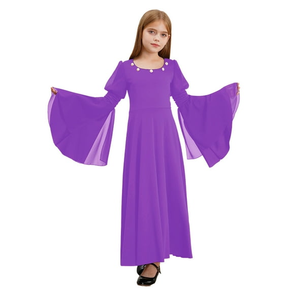 TiaoBug Kids Girls Medieval Princess Renaissance Costume Long Sleeve Bell Sleeves Maxi Long Dress Purple 10