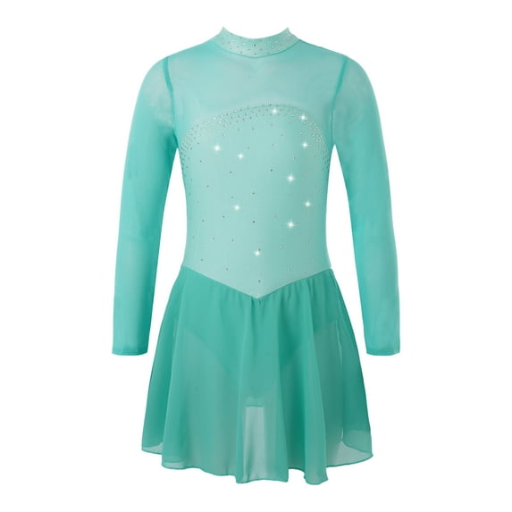 TiaoBug Kids Girls Mesh Long Sleeve Figure Skating Dress Rhinestone Ballet Dance Leotard Dress Mint Green 4