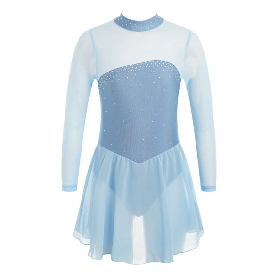 TiaoBug Kids Girls Mesh Long Sleeve Figure Skating Dress Rhinestone Ballet Dance Leotard Dress Sky Blue 4