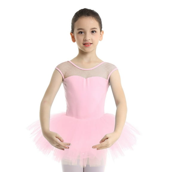 TiaoBug Kids Girls Mesh Spliced Ballet Tutu Dress Cutout Back Gymnastics Skirted Leotard Ballerina Dancewear Pink 4