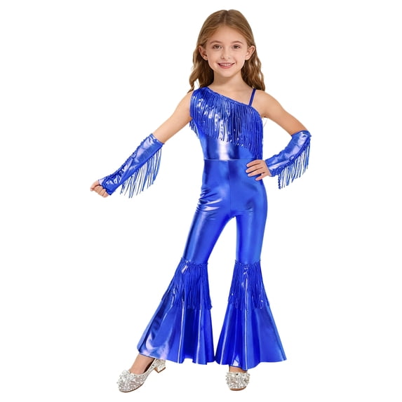 TiaoBug Kids Girls' Metallic Bell Bottom Jumpsuit Sleeveless One Shoulder One Piece Dance Outfits with Gloves Royal Blue 14