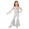 thumbnail image 1 of TiaoBug Kids Girls' Metallic Bell Bottom Jumpsuit Sleeveless One Shoulder One Piece Dance Outfits with Gloves Silver 6, 1 of 6