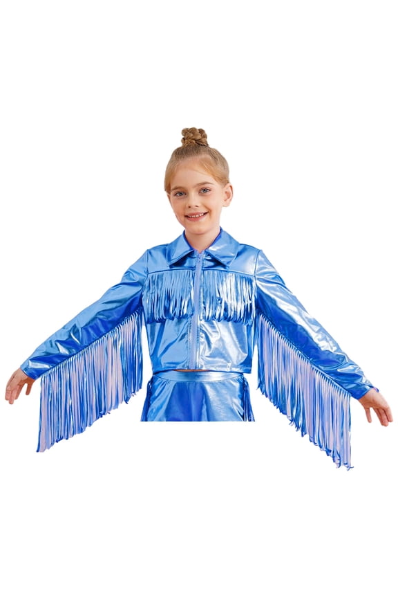 Kids Girls Metallic Bomber Jacket Tassels Fringe Long Sleeve Zipper Hip Hop Jazz Dance Performance Top Blue 14