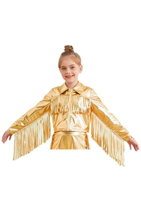 Kids Girls Metallic Bomber Jacket Tassels Fringe Long Sleeve Zipper Hip Hop Jazz Dance Performance Top Gold 10