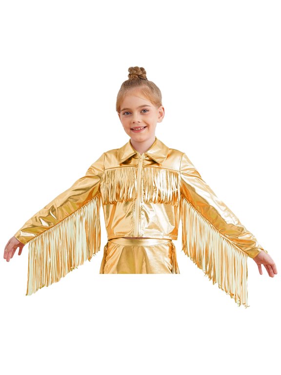 Kids Girls Metallic Bomber Jacket Tassels Fringe Long Sleeve Zipper Hip Hop Jazz Dance Performance Top Gold 10