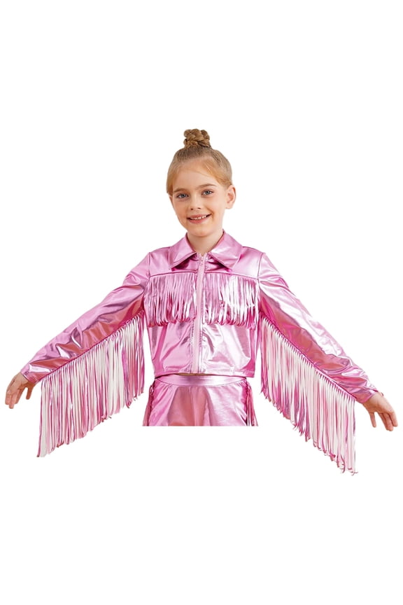 Kids Girls Metallic Bomber Jacket Tassels Fringe Long Sleeve Zipper Hip Hop Jazz Dance Performance Top Pink 8