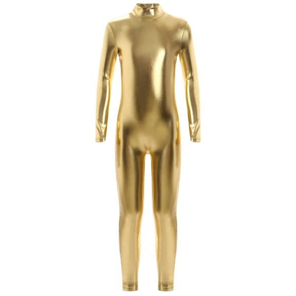TiaoBug Kids Girls Metallic Full Body Unitard Gymnastics Jumpsuit Shiny Mock Neck Bodysuit Dancewear Gold S/120