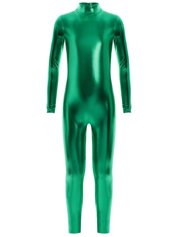 Kids Girls Metallic Full Body Unitard Gymnastics Jumpsuit Shiny Mock Neck Bodysuit Dancewear Green M/130