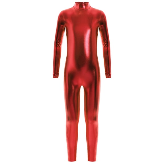 TiaoBug Kids Girls Metallic Full Body Unitard Gymnastics Jumpsuit Shiny Mock Neck Bodysuit Dancewear Red XS/110