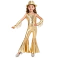 thumbnail image 1 of TiaoBug Kids Girls Metallic Funky Dance Jumpsuit and Hat Gloves Fringe Disco 70s Party Outfit Light Gold 14, 1 of 6