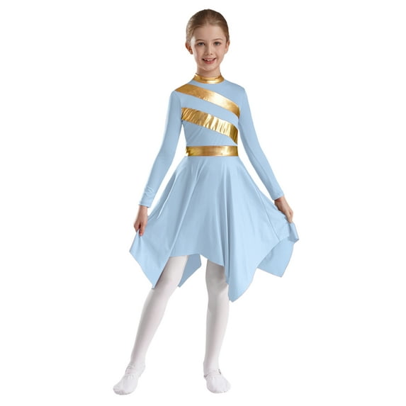 TiaoBug Kids Girls Metallic Gold Lyrical Costume Liturgical Worship Chiffon Dress Praise Dance Robe Light Blue 16