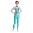 thumbnail image 1 of TiaoBug Kids Girls Metallic Gymnastics Dance Leotard Long Sleeve Unitard Full Length Bodysuit Blue Green 10, 1 of 7
