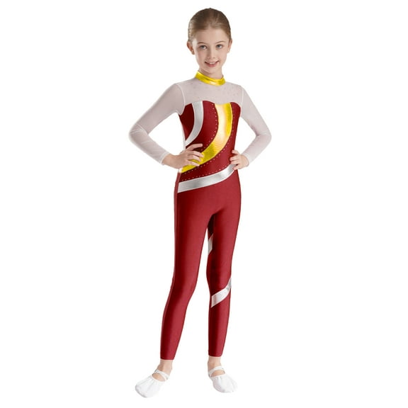 TiaoBug Kids Girls Metallic Gymnastics Dance Leotard Long Sleeve Unitard Full Length Bodysuit Burgundy 6