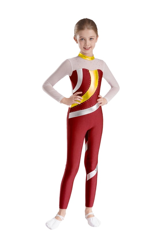 Kids Girls Metallic Gymnastics Dance Leotard Long Sleeve Unitard Full Length Bodysuit Burgundy 6