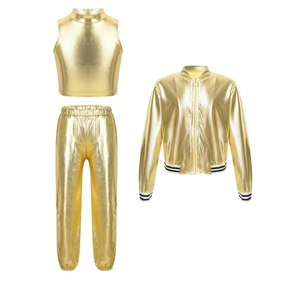 TiaoBug Kids Girls Metallic Hip Hop Dance Outfits Shiny Crop Top with Bomber Jacket and Pants Set Gold 10