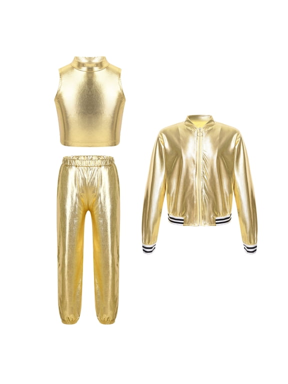 Kids Girls Metallic Hip Hop Dance Outfits Shiny Crop Top with Bomber Jacket and Pants Set Gold 6