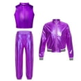 thumbnail image 1 of TiaoBug Kids Girls Metallic Hip Hop Dance Outfits Shiny Crop Top with Bomber Jacket and Pants Set Purple 6, 1 of 5