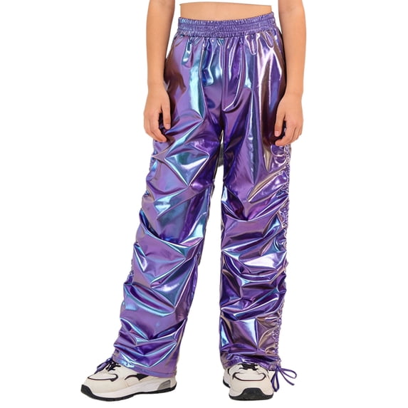 TiaoBug Kids Girls Metallic Joggers Pants Hip Hop Dance Sweatpants Elastic Waist Pull On Holographic Trousers Blue 6
