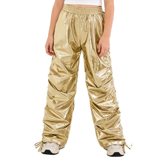 TiaoBug Kids Girls Metallic Joggers Pants Hip Hop Dance Sweatpants Elastic Waist Pull On Holographic Trousers Gold 12