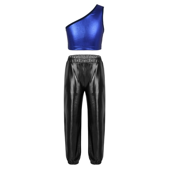 TiaoBug Kids Girls Metallic One Shoulder Crop Top with Jogger Pants Dance Outfits Sport Gymnastic Workout Activewear Royal Blue&Black 10