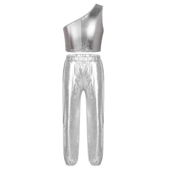 TiaoBug Kids Girls Metallic One Shoulder Crop Top with Jogger Pants Dance Outfits Sport Gymnastic Workout Activewear Silver 10