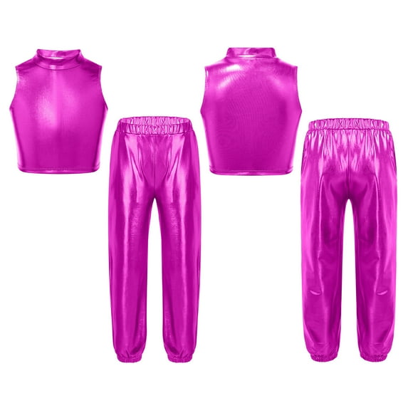 TiaoBug Kids Girls Metallic Sleeveless Mock Neck Crop Tank Top and Shiny Pants Set for Jazz Hip-Hop Dance Rose Red 8