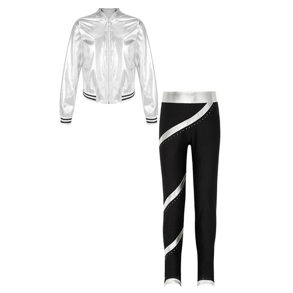 TiaoBug Kids Girls Metallic Zipper Long Sleeves Jacket and Shiny Striped Leggings Pants Dance Outfits Silver 10