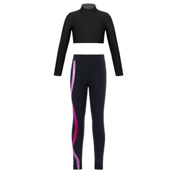 TiaoBug Kids Girls Mock Neck Long Sleeve Gymnastics Crop Top with Leggings Sport Yoga Dance Activewear Hot Pink 6