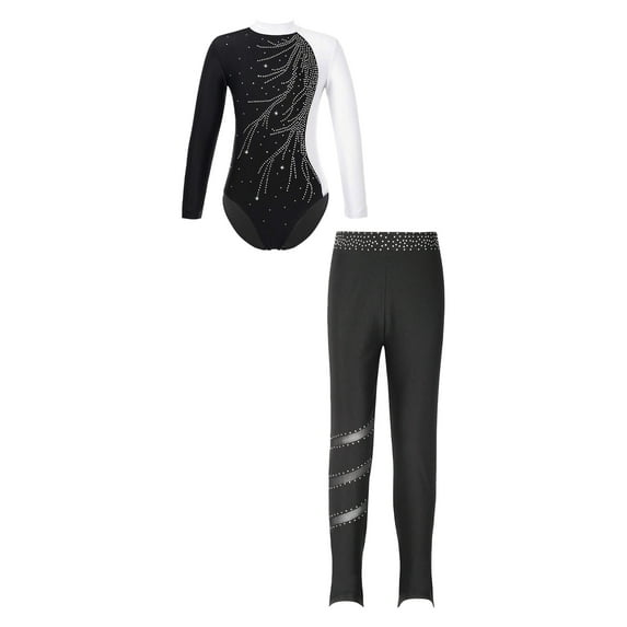 TiaoBug Kids Girls Mock Neck Rhinestones Leotard with Leggings Athletic Figure Skating Performance Outfits White&Black 16
