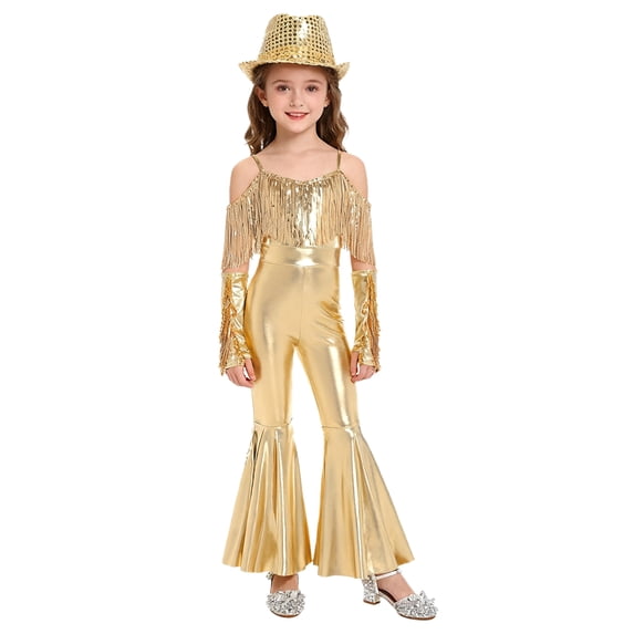 TiaoBug Kids Girls Off Shoulder Fringe Jumpsuit Disco Outfit for Retro Themed 70s Party & Stage Performance Gold 16